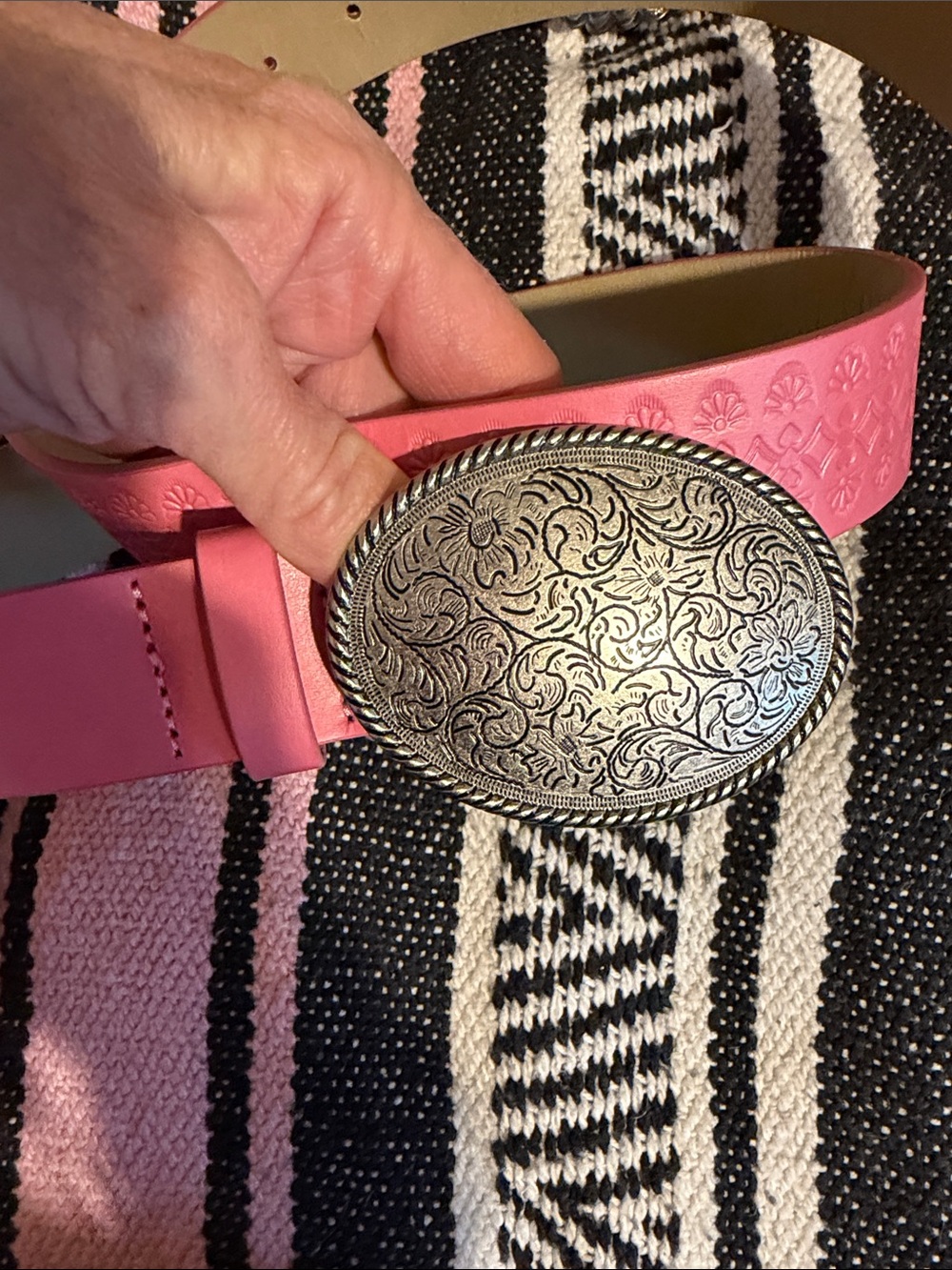 Pink Embossed faux Leather Western Belt with Ornate Silver Buckle